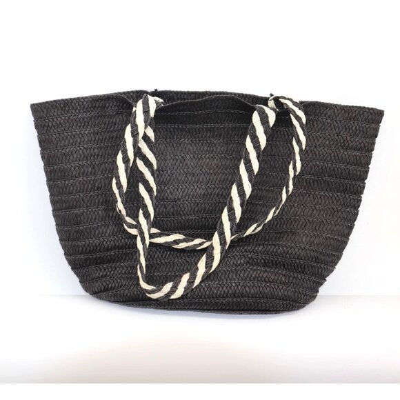 Rachel Zoe For Box Of Style Black & Beige Woven Straw Tote Bag With Braided Hand - Picture 1 of 9